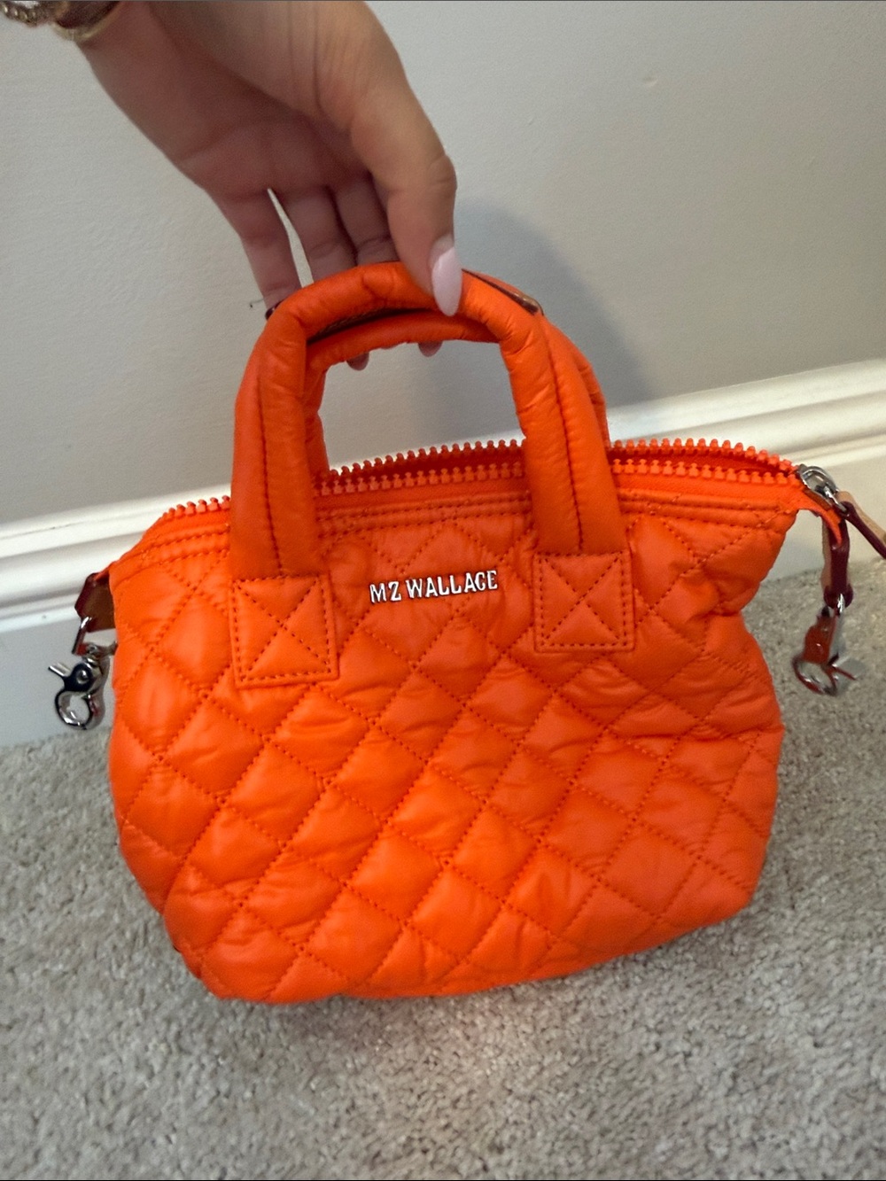 Bright Orange Quilted MZ Wallace Mini Bag with Hot Pink/ and Orange Strap - Picture 9 of 9